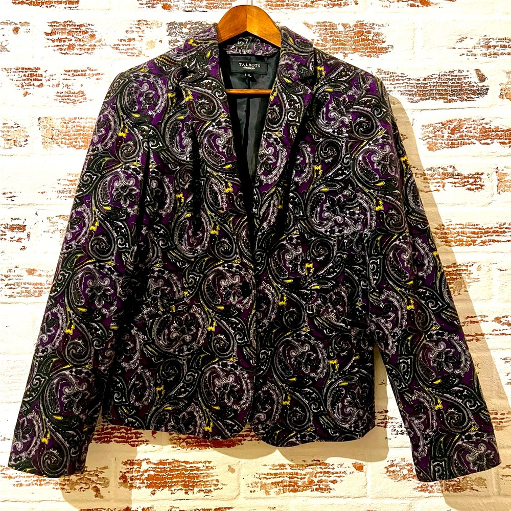 Talbots Velvet Blazer Jacket Purple Black Paisley Holiday Size 8